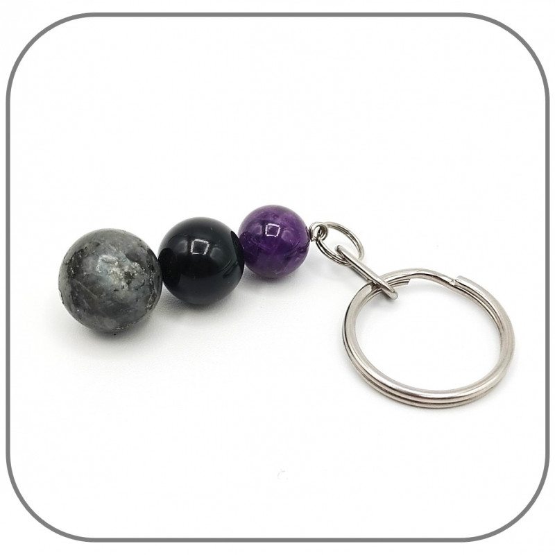 Porte Clés Acier Pierre naturelle Labradorite Obsidienne Améthyste