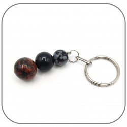 Porte Clés Acier Pierre naturelle Obsidienne noire, acajou et mouchetée